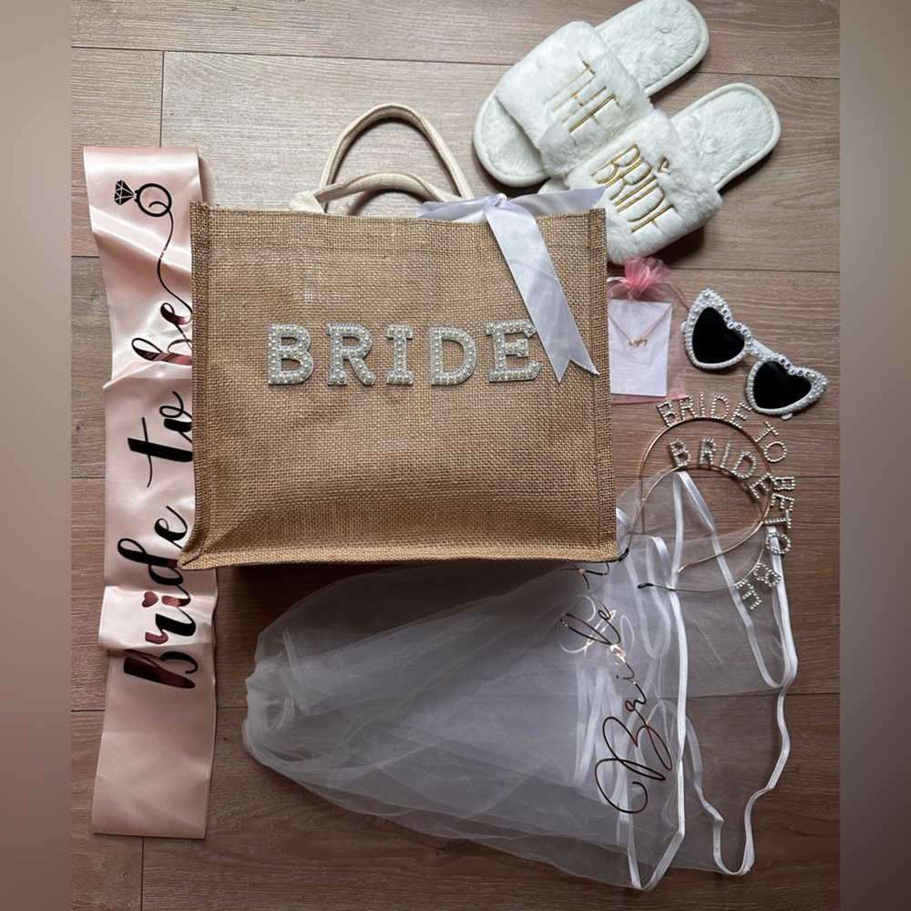 Bride Bag & Bachelorette Bridal Accessories Set with Rose Gold & White Accents